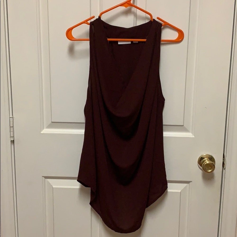 Sleeveless, draped neck top. Dark Maroon